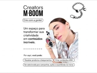 Arte do programa Creators M·BOOM com jovem segurando celular e pulseira de corrente prateada, convidando criadores de conteúdo a participar.