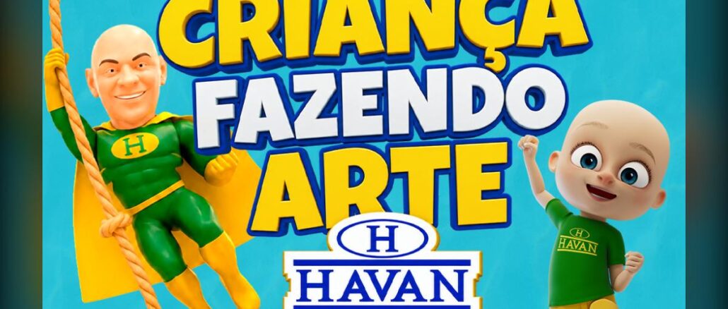 Arte gráfica da promoção Criança Fazendo Arte da Havan, com personagens animados em verde e amarelo sobre fundo azul.