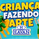 Arte gráfica da promoção Criança Fazendo Arte da Havan, com personagens animados em verde e amarelo sobre fundo azul.