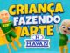 Arte gráfica da promoção Criança Fazendo Arte da Havan, com personagens animados em verde e amarelo sobre fundo azul.