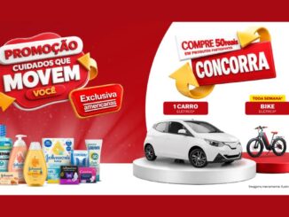Banner da Promoção Cuidados Que Movem Você, exclusiva Americanas, com produtos Listerine, Johnson's Baby, Sundown, o.b., Sempre Livre, Carefree e Cotonetes, e prêmios de um carro elétrico e bikes elétricas toda semana para quem comprar R$50,00 em produtos participantes.