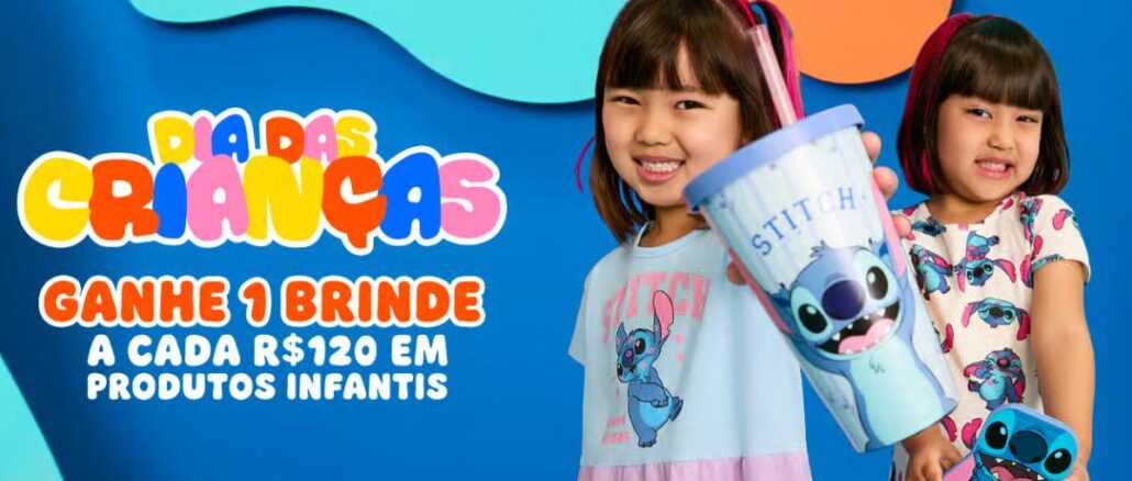 Banner do Dia das Crianças das Lojas Torra 2026: ganhe 1 brinde a cada R$120 em produtos infantis.