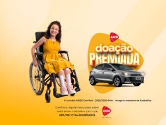 Campanha Doação Premiada AACD 2026: menina em cadeira de rodas com órteses sorrindo ao lado de um Hyundai HB20 Comfort 0km, prêmio do sorteio beneficente.