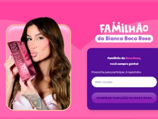 Página de cadastro da promoção Familhão da Bianca Boca Rosa, com a influenciadora segurando uma embalagem rosa metálica escrita R$1 Milhão, sobre fundo rosa vibrante.