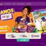 Banner da promoção Festival 9 Anos Açaí no Kilo com mulher sorridente segurando copo de açaí e prêmios como iPhone, TV 40", bicicleta, patinete elétrico, tablet, Kindle, caixa de som JBL, robô aspirador e final de semana em resort.