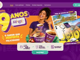 Banner da promoção Festival 9 Anos Açaí no Kilo com mulher sorridente segurando copo de açaí e prêmios como iPhone, TV 40", bicicleta, patinete elétrico, tablet, Kindle, caixa de som JBL, robô aspirador e final de semana em resort.