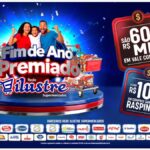 Arte da promoção Fim de Ano Premiado Rede Ilustre Supermercados com família comemorando, carrinhos de compras cheios, prêmio de R$600 mil em vale-compras e raspinha a cada R$100 em compras.