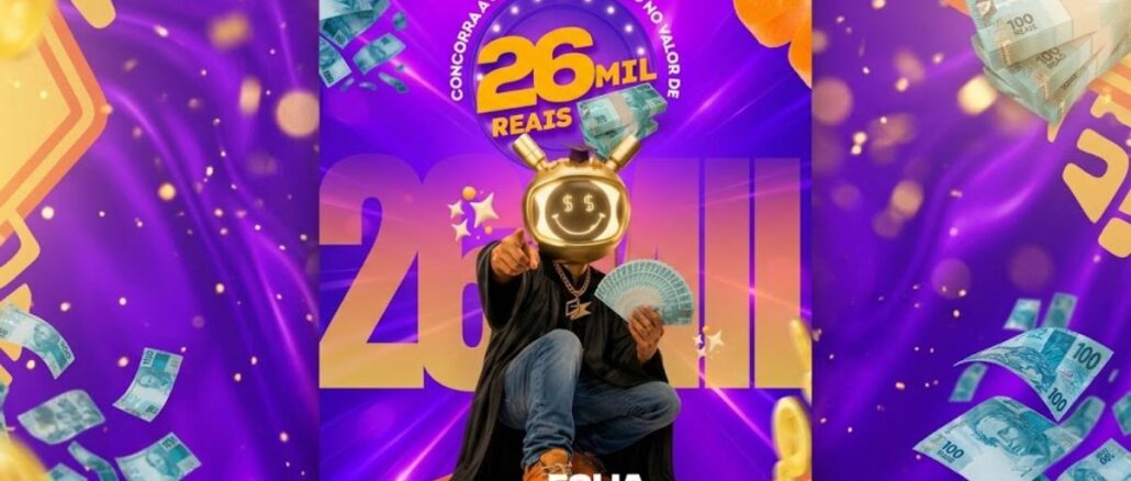 Cartaz da promoção Folia Premiada Formou, Faturou, da Folia Formaturas, com fundo roxo e dourado, personagem com capacete luminoso segurando notas de dinheiro e destaque para o prêmio de R$26 mil em cartão de débito.