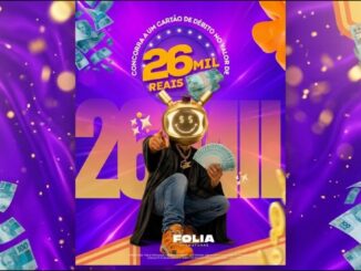 Cartaz da promoção Folia Premiada Formou, Faturou, da Folia Formaturas, com fundo roxo e dourado, personagem com capacete luminoso segurando notas de dinheiro e destaque para o prêmio de R$26 mil em cartão de débito.