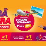 Banner da promoção Grã Feira Telhanorte com avião, cartão-postal de praia, cartão Telhanorte e homem sorridente de terno roxo, anunciando viagens semanais e compras grátis de R$750,00.