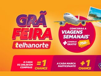 Banner da promoção Grã Feira Telhanorte com avião, cartão-postal de praia, cartão Telhanorte e homem sorridente de terno roxo, anunciando viagens semanais e compras grátis de R$750,00.