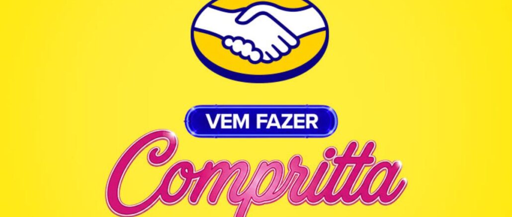 Arte promocional da rede Mix com fundo amarelo, logotipo oval com aperto de mãos, e o slogan "Vem Fazer Compritta" em letras estilizadas rosa e azul.