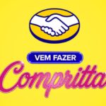 Arte promocional da rede Mix com fundo amarelo, logotipo oval com aperto de mãos, e o slogan "Vem Fazer Compritta" em letras estilizadas rosa e azul.
