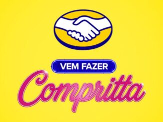 Arte promocional da rede Mix com fundo amarelo, logotipo oval com aperto de mãos, e o slogan "Vem Fazer Compritta" em letras estilizadas rosa e azul.