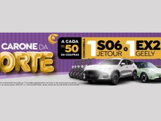 Banner da promoção Meu Carone da Sorte: a cada R$50 em compras, concorra a 1 Jetour S06, 1 Geely EX2 e 10 bikes elétricas Inow. Válida de 22/09/2026 a 23/11/2026.
