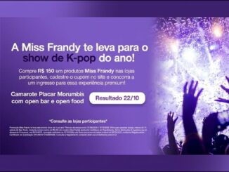 Peça publicitária da promoção Miss Frandy que sorteará ingressos para o maior show de K-pop do ano no Camarote Placar Morumbis, com open bar e open food.