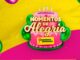 Arte da promoção Aniversário Momentos de Alegria da Comercial Esperança, com bolo rosa de dois andares, velas acesas e balões metálicos verdes e rosa sobre fundo amarelo e rosa.