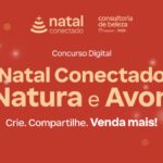 Banner vermelho do Concurso Digital Natal Conectado Natura e Avon, com logotipos da Consultoria de Beleza e o slogan Crie. Compartilhe. Venda mais!