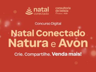 Banner vermelho do Concurso Digital Natal Conectado Natura e Avon, com logotipos da Consultoria de Beleza e o slogan Crie. Compartilhe. Venda mais!