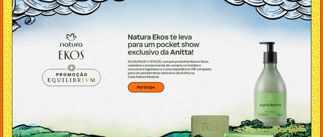 Banner da Promoção Equilibrivm da Natura Ekos com produtos da linha e chamada para pocket show exclusivo da Anitta na Casa Natura Musical.