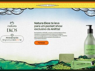 Banner da Promoção Equilibrivm da Natura Ekos com produtos da linha e chamada para pocket show exclusivo da Anitta na Casa Natura Musical.