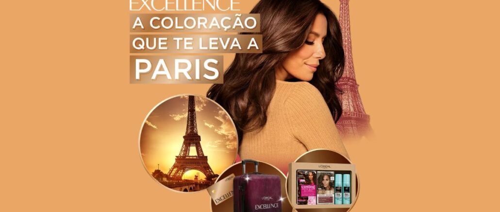 Promo Excellence a Coloração que te leva a Paris Banner da Promoção Excellence L'Oréal: A Coloração que te Leva a Paris, com imagem da Torre Eiffel, mala de viagem e kit de produtos.