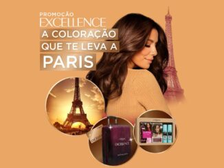 Banner da Promoção Excellence L'Oréal: A Coloração que te Leva a Paris, com imagem da Torre Eiffel, mala de viagem e kit de produtos.