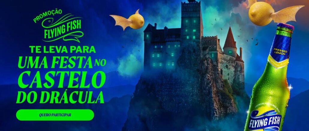 Promoção Flying Fish Ambev 2026 — cerveja Flying Fish Pressed Lemon te leva para uma festa no Castelo do Drácula