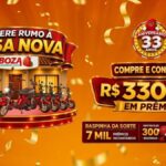 Banner da promoção Acelere Rumo à Casa Nova do Boza Supermercado, comemorativa ao aniversário de 33 anos, com prêmios de R$330 mil, incluindo uma casa de R$230 mil, 9 scooters e 7 mil prêmios instantâneos via Raspinha da Sorte.