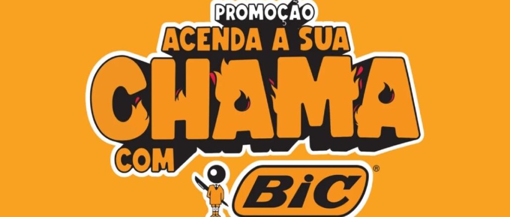 Promoção Acenda a Sua Chama com Bic Logotipo da Promoção Acenda a Sua Chama com Bic, com letras estilizadas em laranja e preto sobre fundo amarelo-alaranjado, acompanhado do mascote e da marca Bic.