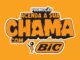 Logotipo da Promoção Acenda a Sua Chama com Bic, com letras estilizadas em laranja e preto sobre fundo amarelo-alaranjado, acompanhado do mascote e da marca Bic.