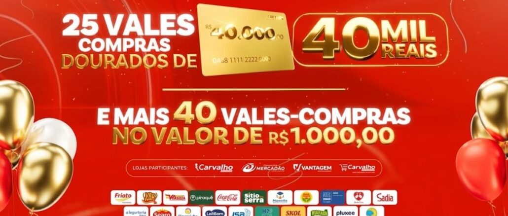 Promoção Aniversario 40 Anos Carvalho Super, uma História Que Vale Ouro no Maranhão e Piauí Banner da Promoção Aniversário 40 Anos Carvalho Super com fundo vermelho, balões dourados, vermelhos e brancos, anunciando 25 vales-compras dourados de R$40.000,00 e mais 40 vales-compras de R$1.000,00, com logos das lojas participantes e marcas patrocinadoras.