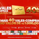 Banner da Promoção Aniversário 40 Anos Carvalho Super com fundo vermelho, balões dourados, vermelhos e brancos, anunciando 25 vales-compras dourados de R$40.000,00 e mais 40 vales-compras de R$1.000,00, com logos das lojas participantes e marcas patrocinadoras.