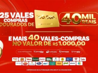 Banner da Promoção Aniversário 40 Anos Carvalho Super com fundo vermelho, balões dourados, vermelhos e brancos, anunciando 25 vales-compras dourados de R$40.000,00 e mais 40 vales-compras de R$1.000,00, com logos das lojas participantes e marcas patrocinadoras.