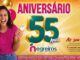 Banner da promoção Aniversário 55 anos Negreiros Supermercados com mulher sorridente segurando um celular, balões dourados e rosa e o número 55 em destaque.