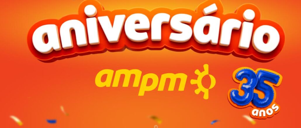 Banner da Promoção Aniversário am/pm 35 Anos, válida de 1º de setembro a 31 de outubro de 2026, com fundo laranja e confetes coloridos.