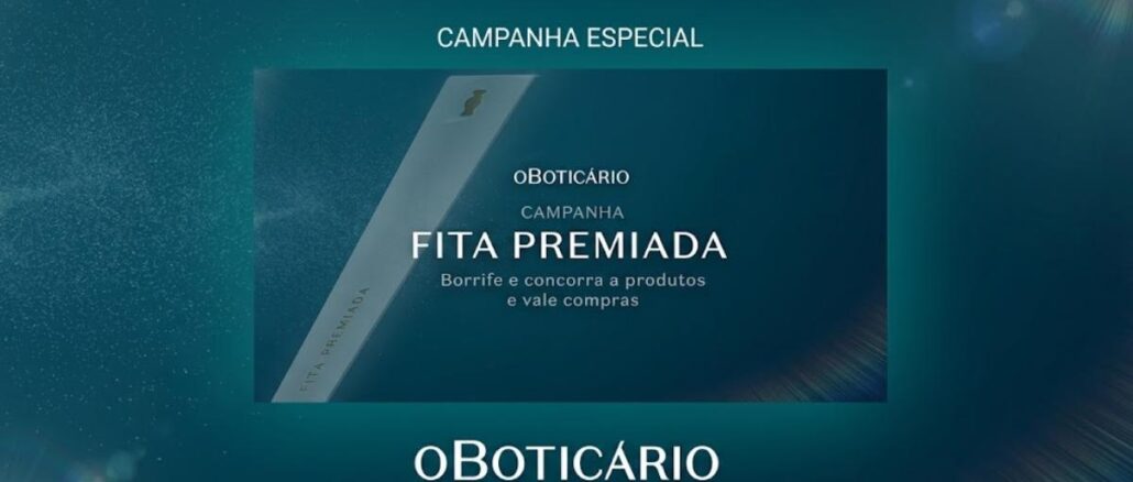 Promoção Boticário Fita Premiada Arte da campanha Fita Premiada de O Boticário, com fita de perfume e convite para participar.