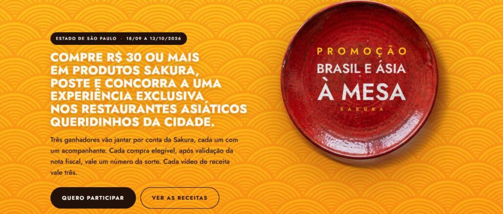 Promoção Brasil e Ásia Sakura Banner da Promoção Brasil e Ásia à Mesa Sakura, válida no Estado de São Paulo de 18/09 a 13/10/2026, com fundo laranja em padrão de ondas japonesas e um prato vermelho decorativo ao centro.