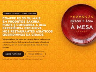 Banner da Promoção Brasil e Ásia à Mesa Sakura, válida no Estado de São Paulo de 18/09 a 13/10/2026, com fundo laranja em padrão de ondas japonesas e um prato vermelho decorativo ao centro.