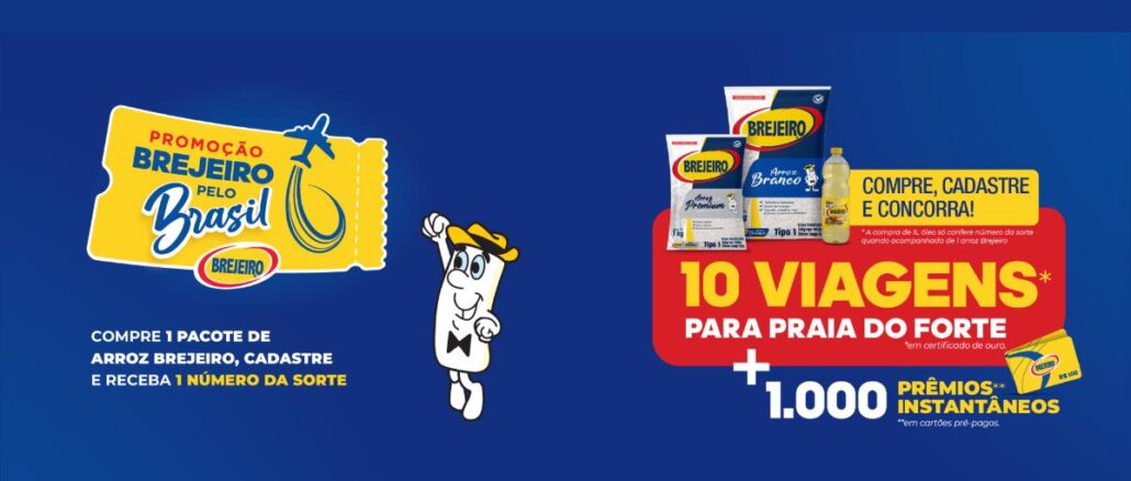Banner da Promoção Brejeiro pelo Brasil com o mascote Brejeiro, pacotes de arroz Brejeiro Premium e Branco, óleo Brejeiro e anúncio de 10 viagens para Praia do Forte e 1.000 prêmios instantâneos.