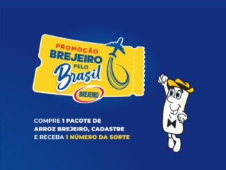 Banner da Promoção Brejeiro pelo Brasil com o mascote Brejeiro, pacotes de arroz Brejeiro Premium e Branco, óleo Brejeiro e anúncio de 10 viagens para Praia do Forte e 1.000 prêmios instantâneos.
