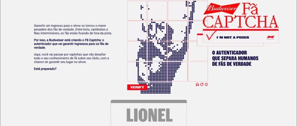 Promoção Budweiser FãCAPTCHA Lionel Richie Página inicial da promoção Budweiser Fã Captcha com Lionel Richie, apresentando um captcha temático para fãs provarem que são verdadeiros.