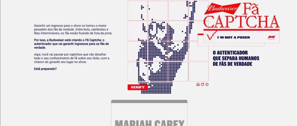 Página inicial da promoção Budweiser Fã Captcha com Mariah Carey, apresentando um captcha temático para fãs provarem que são verdadeiros.