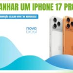 Arte da promoção Celular Novo é na NovaBrasil, com três iPhones 17 Pro nas cores branco, laranja e azul sobre fundo branco com ondas azuis, e a pergunta "Quer ganhar um iPhone 17 Pro?" em destaque.