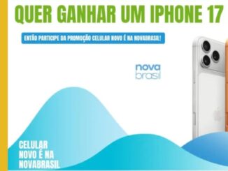 Arte da promoção Celular Novo é na NovaBrasil, com três iPhones 17 Pro nas cores branco, laranja e azul sobre fundo branco com ondas azuis, e a pergunta "Quer ganhar um iPhone 17 Pro?" em destaque.