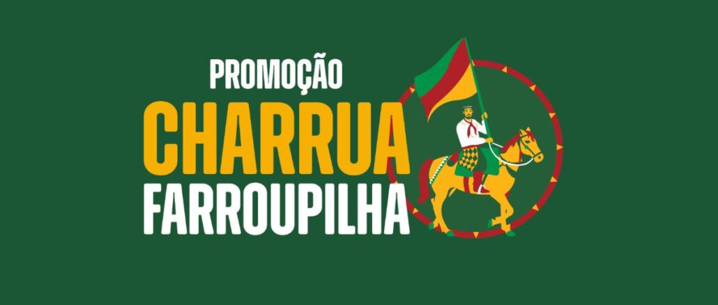 Arte da Promoção Charrua Farroupilha, com ilustração de um gaúcho a cavalo segurando a bandeira do Rio Grande do Sul, sobre fundo verde.