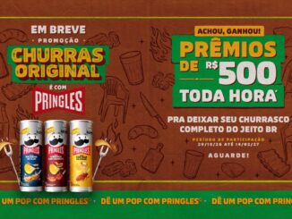 Banner da promoção Churras Original é com Pringles, com três latas de Pringles nos sabores Picanha no Alho, Linguiça com Vinagrete e Costela na Brasa, anunciando prêmios de R$500 toda hora de 29/10/26 a 14/02/27.