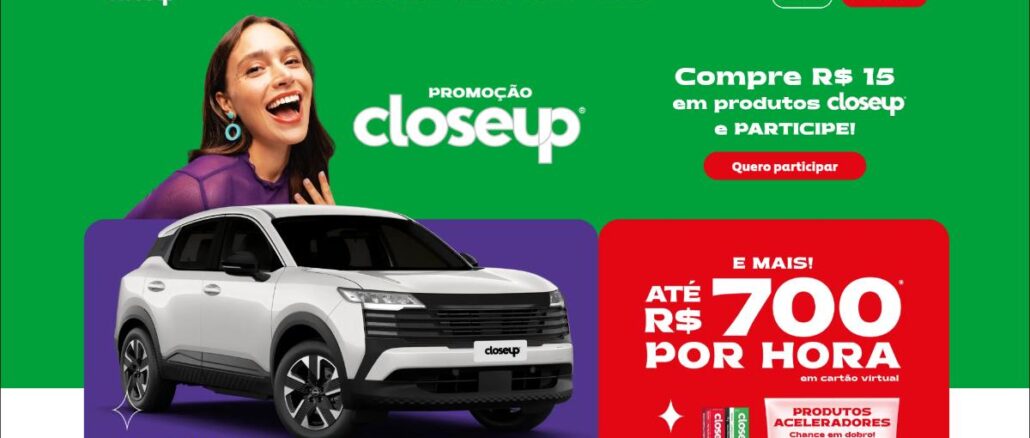 Banner da Promoção Closeup 2026: compre R$15 em produtos e concorra a um carro 0 km ou ganhe até R$700 por hora em cartão virtual.