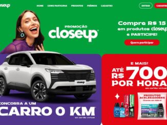 Banner da Promoção Closeup 2026: compre R$15 em produtos e concorra a um carro 0 km ou ganhe até R$700 por hora em cartão virtual.