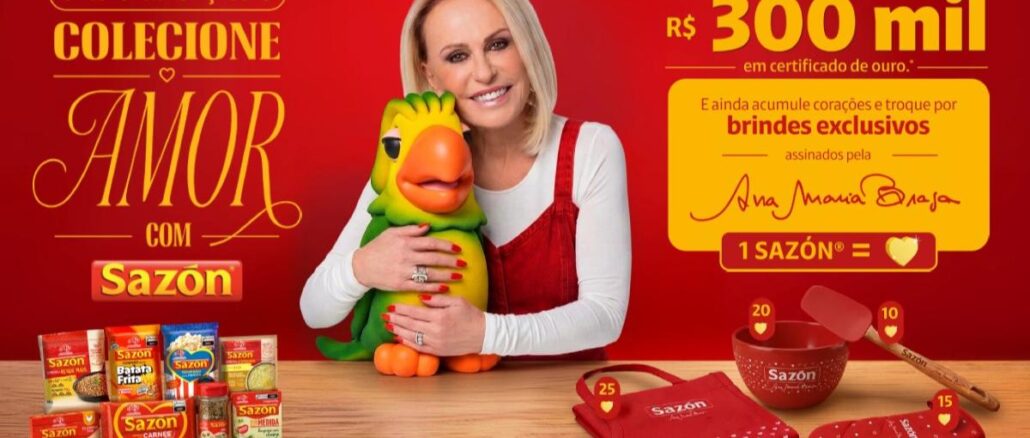 Banner da Promoção Colecione Amor com Sazón, com Ana Maria Braga segurando o boneco Louro José, produtos Sazón ao fundo e brindes exclusivos da coleção ao lado direito.